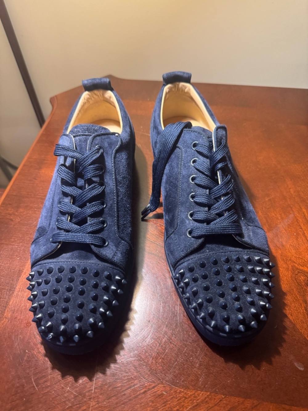 Christian Louboutin Navy Suede Spike-Toe Lace-Up Sneakers